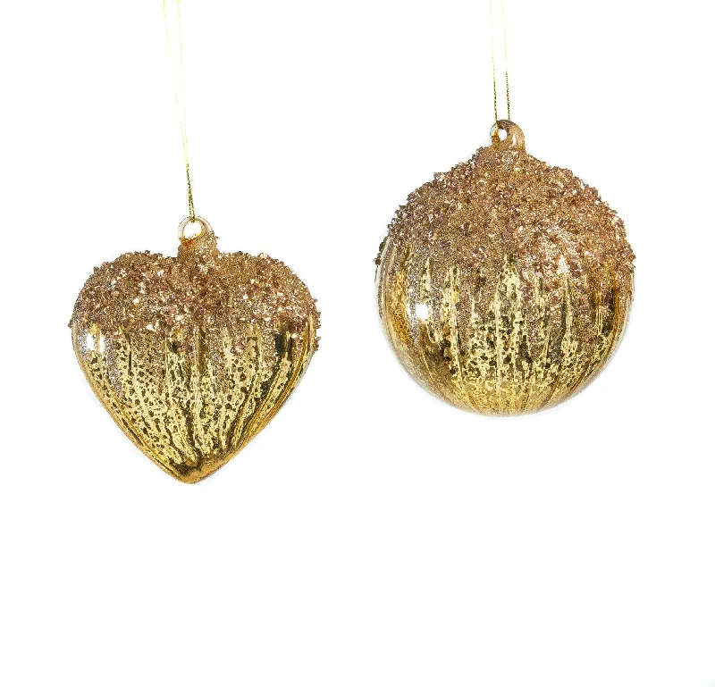 Christmas Chilly Nights 4" Gold Heart & Ball Glitter Ornament Set Of 12