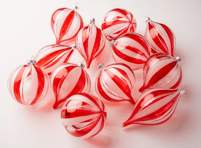 Christmas Wishes 4" Red & Clear Striped Ornament Assorted Set Of 12
