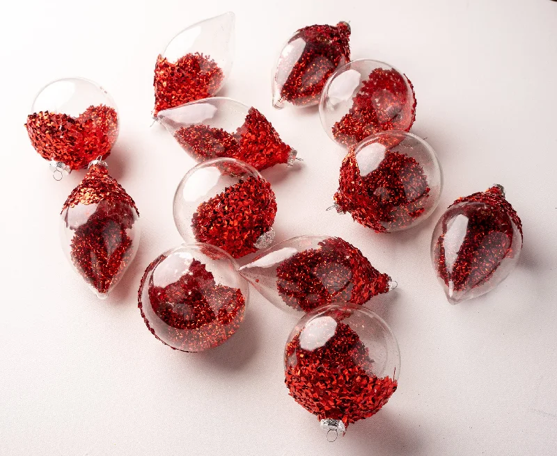 Christmas Music 4" Red Glitter Ornaments Filled With Red Beads Assorted Set Of 12