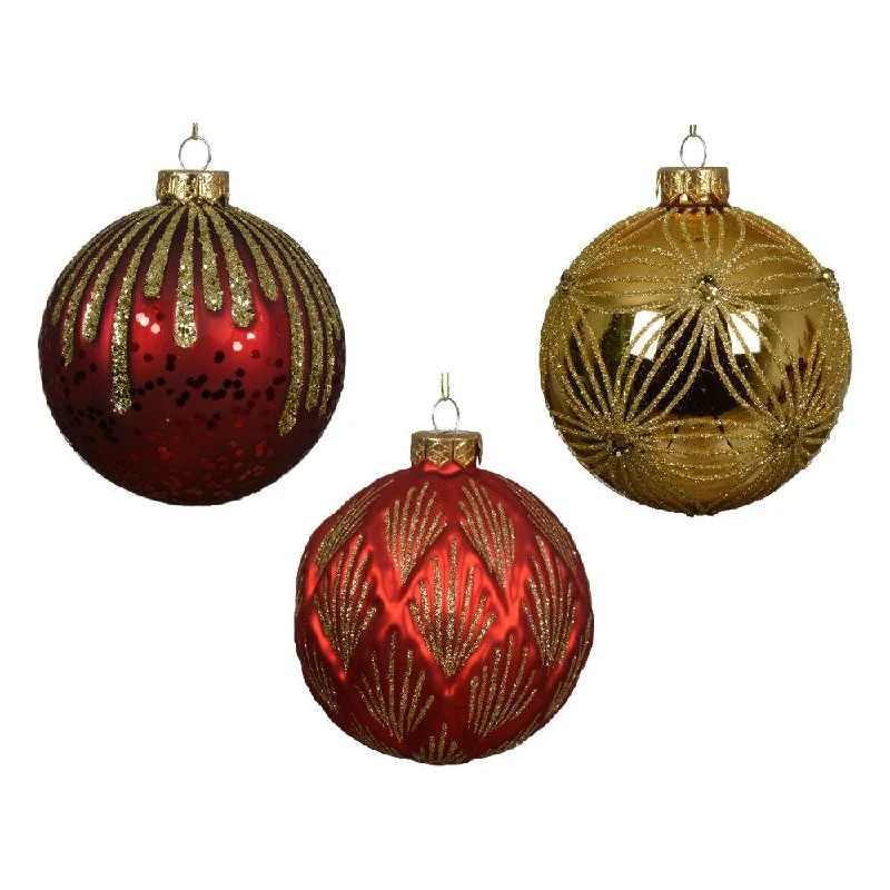 Christmas Handmade Gifts 4" Red & Gold Glitter Glass Ornament Set Of 12