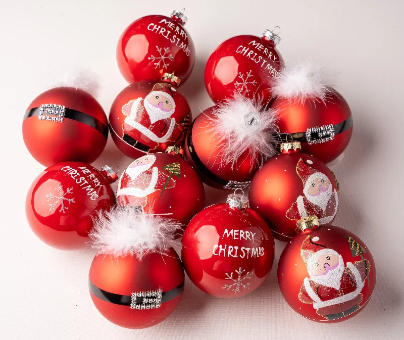 Christmas Tree Decorations 4" Red Santa Belt Glass Ball Set Of 12