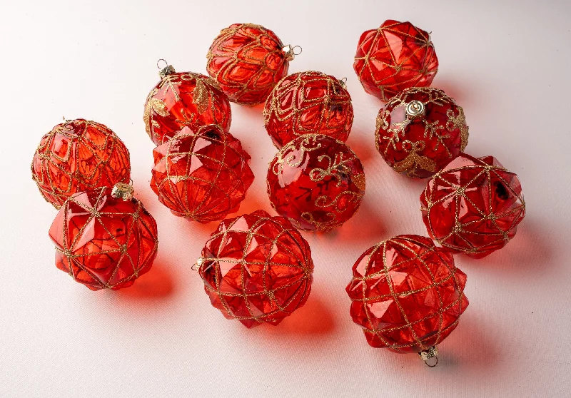 Christmas Jolly Time 4" Red With Gold Assorted Ornament Set Of 12