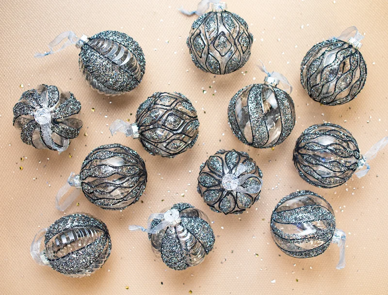 Christmas Lights 4" Crystal With Black Glitter Assorted Ornament Set Of 12