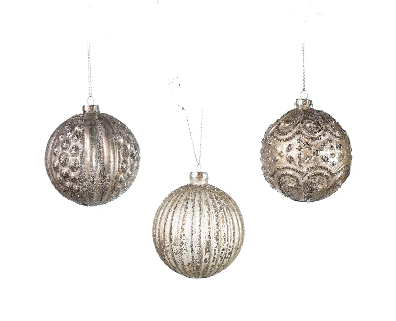 Christmas Tree Glitter 4" Silver Glittered Assorted Ornament Set Of 12