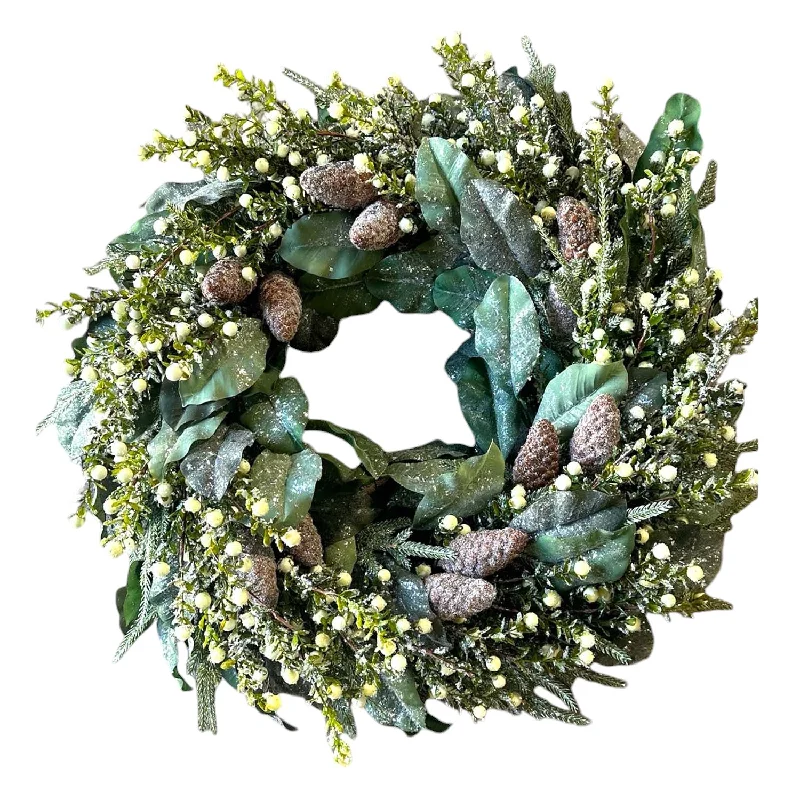 Christmas Tree Shopping Iced Magnolia Pinecone Berry Silk Wreath - 24''