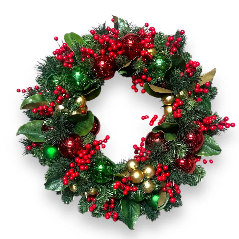 Christmas Ice Skating Green Gold Red Berry Ball Silk Wreath - 24''