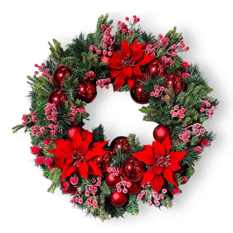Christmas Morning Red Poinsettia Berry Silk Wreath - 24''