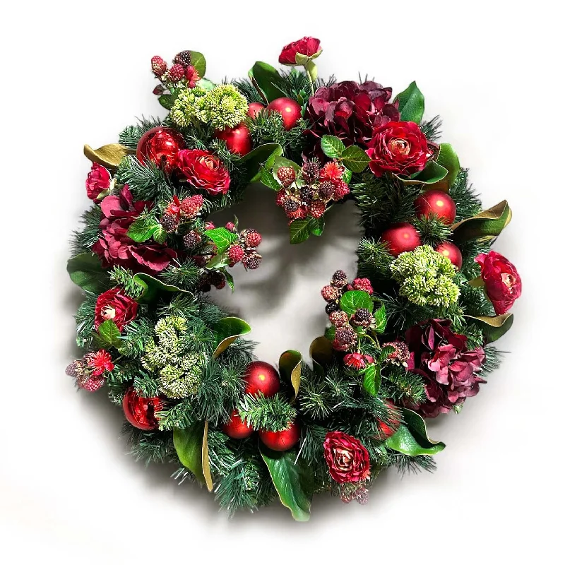 Christmas Family Fun Red Ball Hydrangea Raspberry Silk Wreath - 24'' Wide