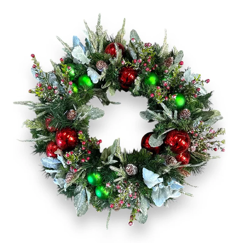 Christmas Fireplace Socks Red & Green Ball Dusty Miller Silk Wreath - 24'' Wide