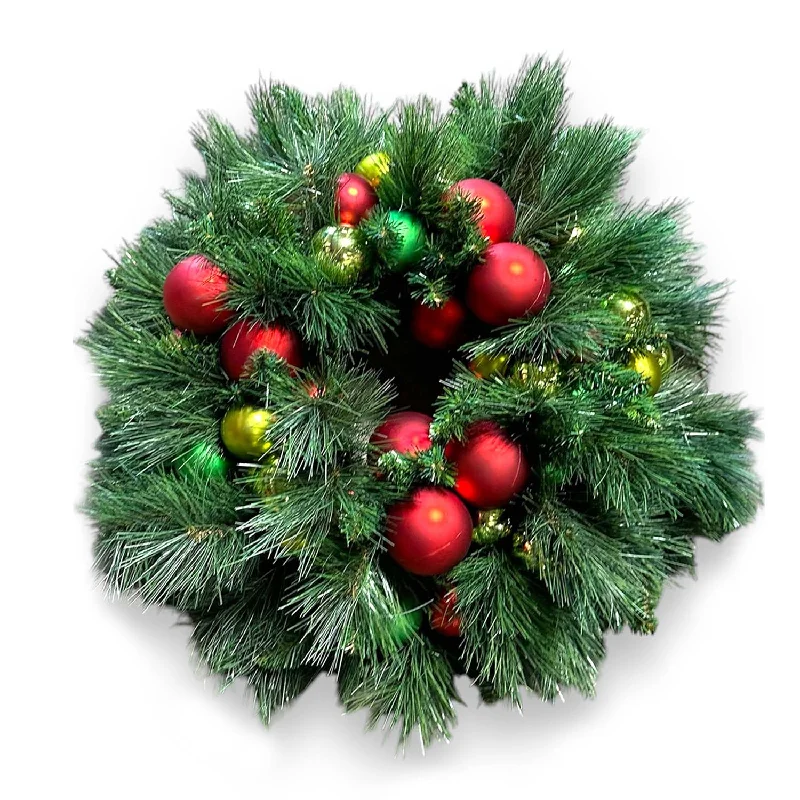 Christmas Red And Green Red & Green Ball Long Needle Silk Wreath - 24''
