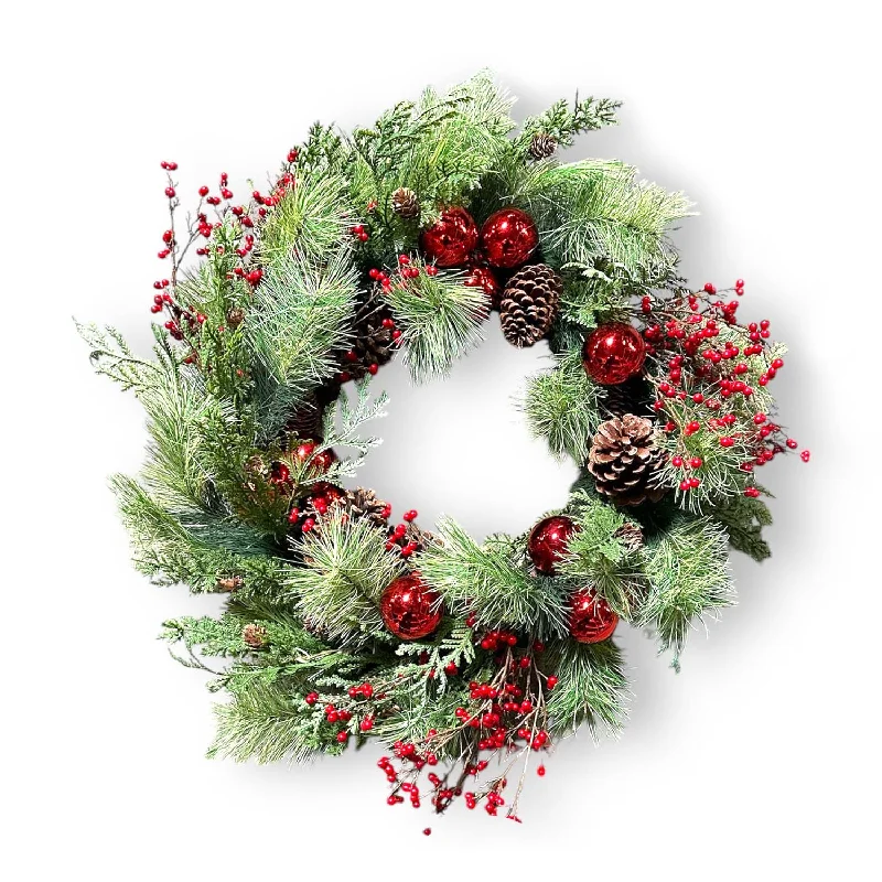 Christmas Tree Toppers Red Ball & Berry Natural Pine Silk Wreath - 24''