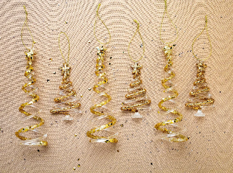 Christmas Ornaments 5"-8" Clear & Gold Swirled Tree Assorted Ornament Set Of 12