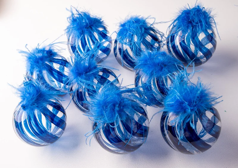 Snowy Christmas 5" Blue Feathered Glass Ball Ornament Set Of 9