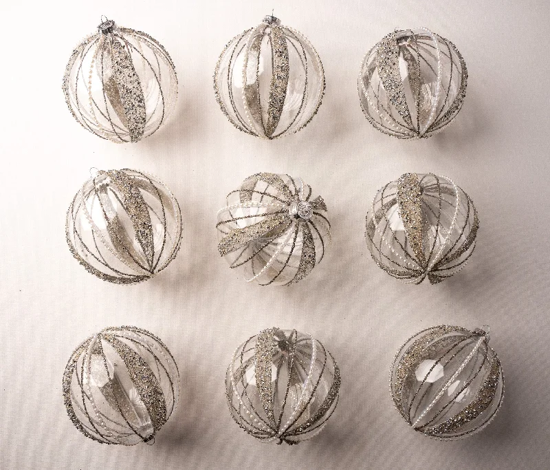 Christmas Pine Tree 5" Celline Clear & Pearled Ball Ornament Set of 9