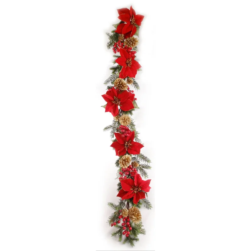 Christmas Lights 5' Glitter Poinsettia Garland with Gold Pine Cones & Red Berries 2024 Christmas Collection