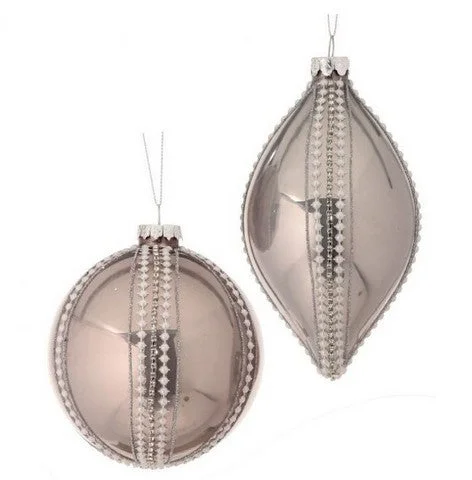 Christmas Snow Globe 6" Platinum Glass Pearl Striped Ornament Set Of 6