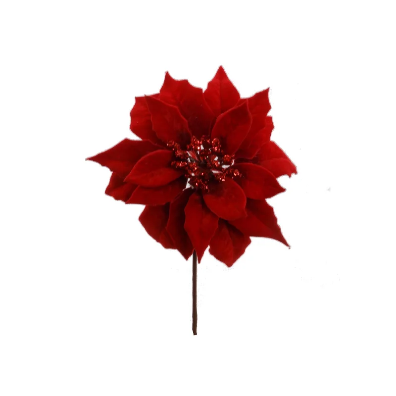 Christmas Gifting Season Velvet Poinsettia Pick with Glitter Center (7" Diameter)