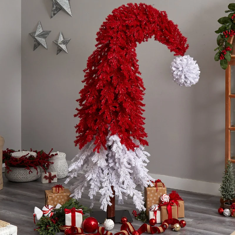 Christmas Movie Night 9’ Holiday Red Santa’s Hat Christmas Tree with 600 LED lights and 1992 Bendable Branches Bendable Whoville Tree