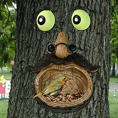 Christmas Party ALLADINBOX Tree Face Birdfeeder - Old Man with Glowing Eyes and Glasses in Dark Outdoor Tree Hugger Sculpture - Whimsical Garden Decoration and Wild Birdfeeder Yard Art
