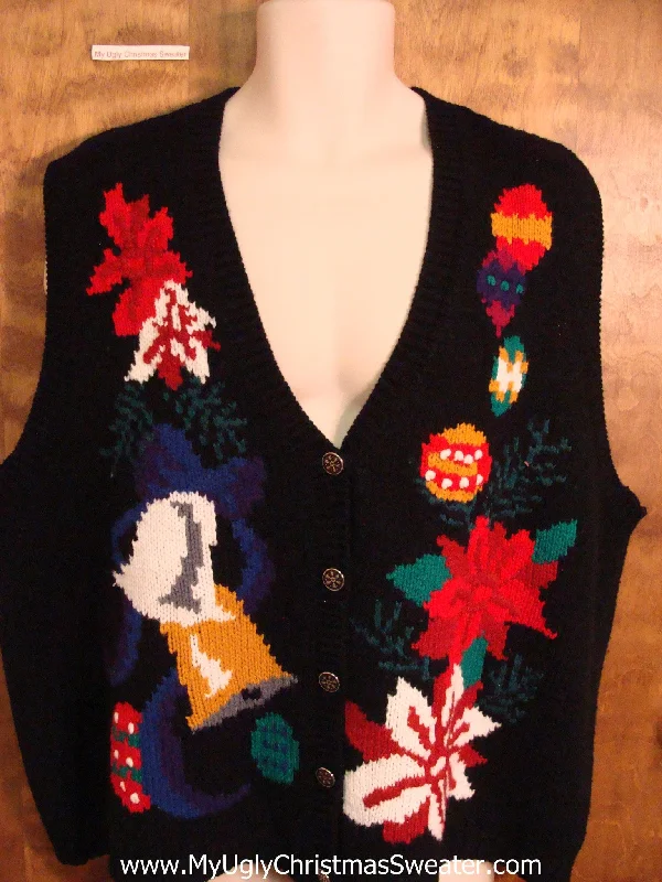 Christmas Reindeer Bad 80s Christmas Sweater Vest with Poinsettias and Bells