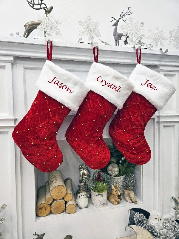 Christmas Handmade Gifts Beaded Red Gold Christmas Stockings | Vintage Red Quilted Stocking Plush White Top Diamond Body Personalized Embroidered Name or Tag Christmas Handmade Gifts Beaded Red Gold Christmas Stockings | Vintage Red Quilted Stocking Plush White Top Diamond Body Personalized Embroidered Name or Tag