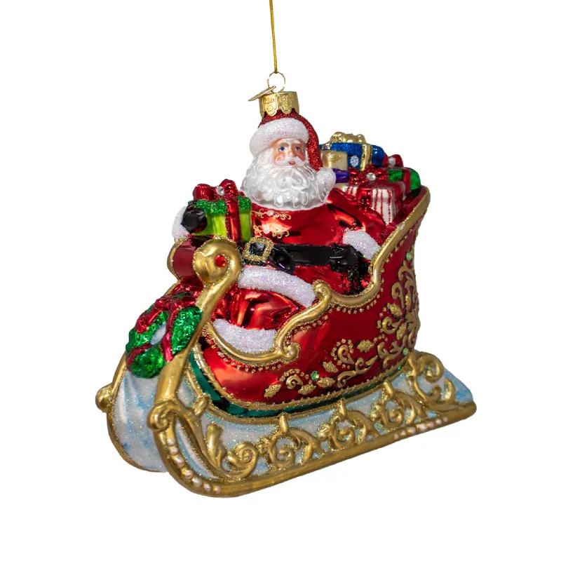 Christmas Tree Glitter Bellissimo Glass Santa In Sleigh Ornament