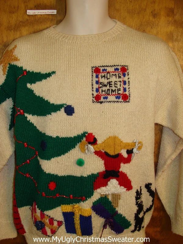 Best 80s Vintage Ugliest Christmas Sweater Pullover with a Cat