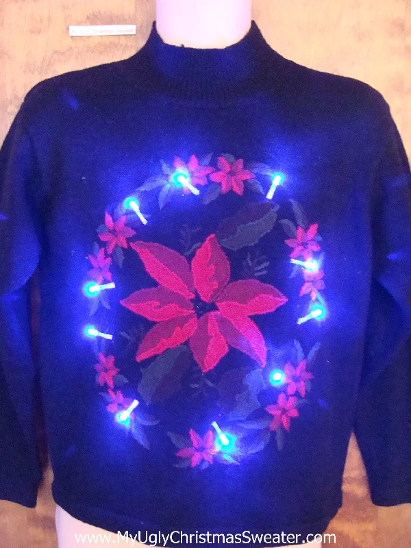 Snowy Christmas Best Poinsettia 80s Light Up Ugly Xmas Sweater