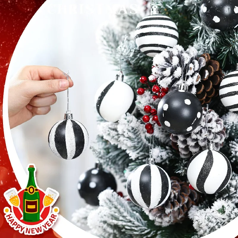 Christmas Movie Night Black and White Christmas Ball Ornaments - Fresh Style, Set of 12