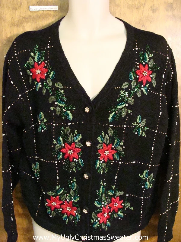 Black Ugliest Christmas Sweater with Poinsettias and Bead Bling