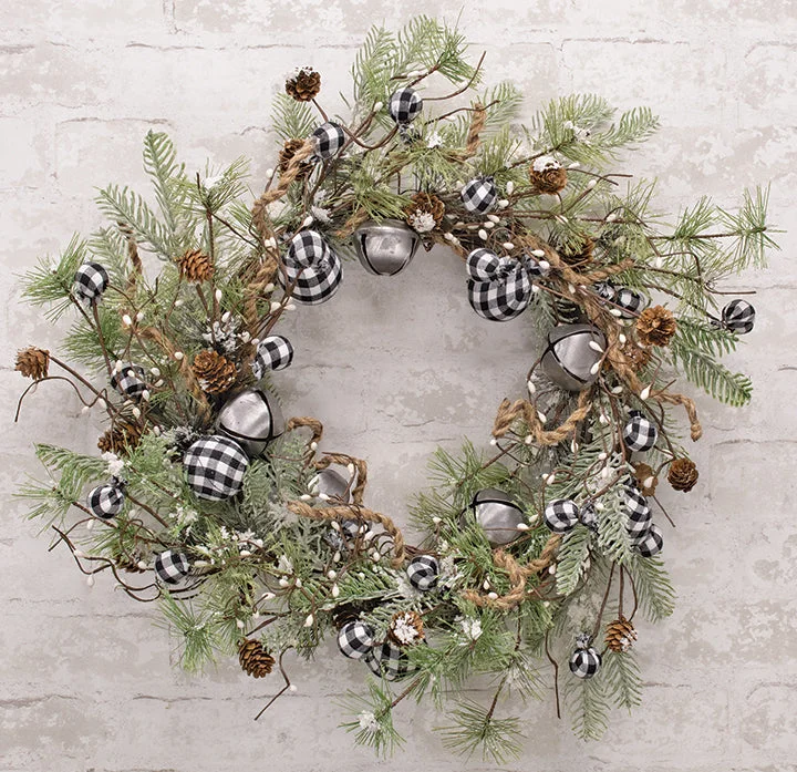 Christmas Jolly Vibes Black & White Country Gingham Bells Wreath, 24"