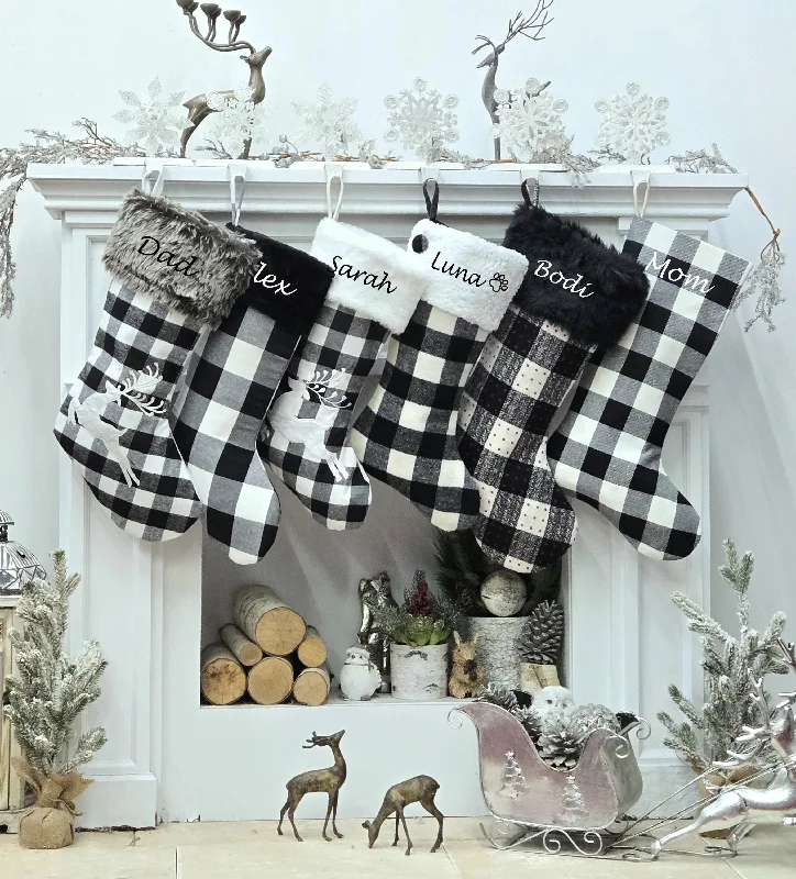 Christmas Red And Green Black White Grey Plaid Personalized Christmas Stockings | Farmhouse Buffalo Check Rustic Decor Faux Fur Reindeer Embroidered Name Wood Tag Christmas Red And Green Black White Grey Plaid Personalized Christmas Stockings | Farmhouse Buffalo Check Rustic Decor Faux Fur Reindeer Embroidered Name Wood Tag
