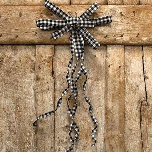 Christmas Spirit Black & White Plaid Curly Ribbon Bow Ornament