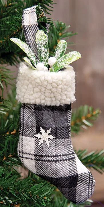 Christmas Gifting Season Black & White Plaid Stocking Ornament With Snowflake