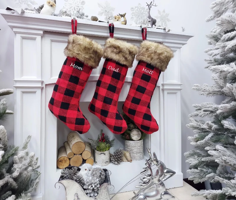 Christmas Pine Tree Buffalo Plaid Christmas Stockings | Soft Long Plush & Fleece Lined Inside Red Black Check Cabin Rustic Decor Personalized Name Tag Christmas Pine Tree Buffalo Plaid Christmas Stockings | Soft Long Plush & Fleece Lined Inside Red Black Check Cabin Rustic Decor Personalized Name Tag