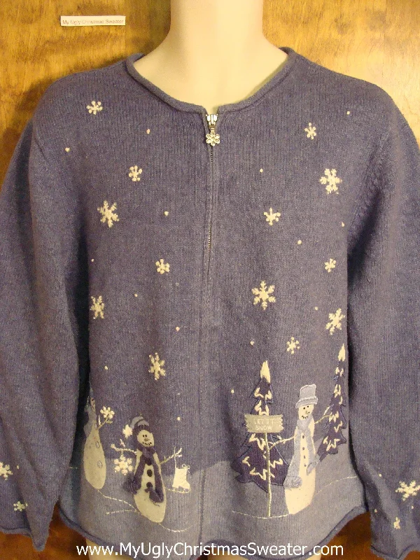 Christmas Market Blue 2sided Snowman and Flakes Cute Holiday Sweater