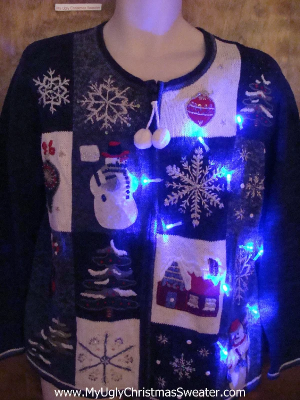 Christmas Joy Blue Fun Light Up Ugly Xmas Sweater with PomPom Zip Pull