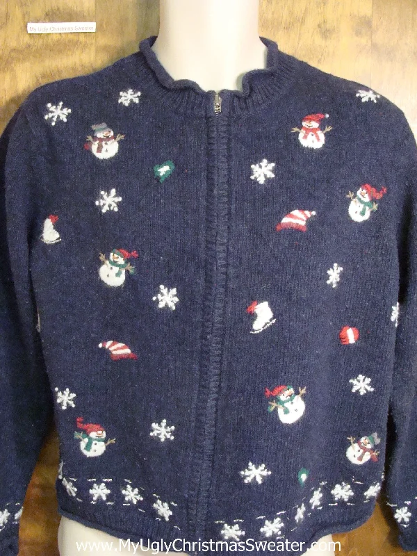 Christmas Lights Display Blue Ugly Christmas Sweater with Snowmen and Skates