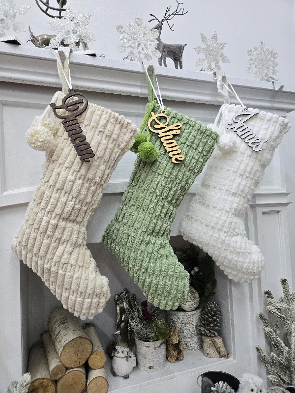 Christmas Jolly Time Boho Christmas Stockings with Pom Poms | Sage Cream White Fabric Chic Modern Style Farmhouse Textured Personalized Embroidered Name or Tag Christmas Jolly Time Boho Christmas Stockings with Pom Poms | Sage Cream White Fabric Chic Modern Style Farmhouse Textured Personalized Embroidered Name or Tag