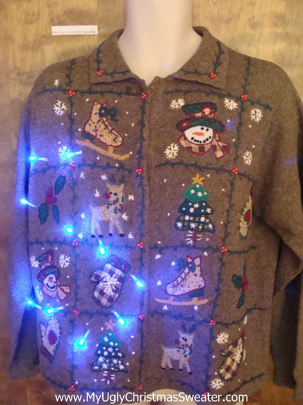 Christmas Candy Canes Brown Ugliest Corny Cute Christmas Sweater with Lights