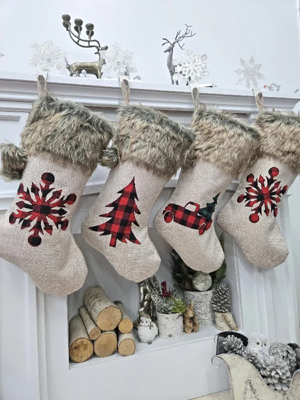 Christmas Holiday Fun Plaid Buffalo Check Christmas Stockings with Faux Fur Pom Poms | Rustic Farmhouse Lodge Style Snowflake Tree Truck Personalized Embroidered name Christmas Holiday Fun Plaid Buffalo Check Christmas Stockings with Faux Fur Pom Poms | Rustic Farmhouse Lodge Style Snowflake Tree Truck Personalized Embroidered name