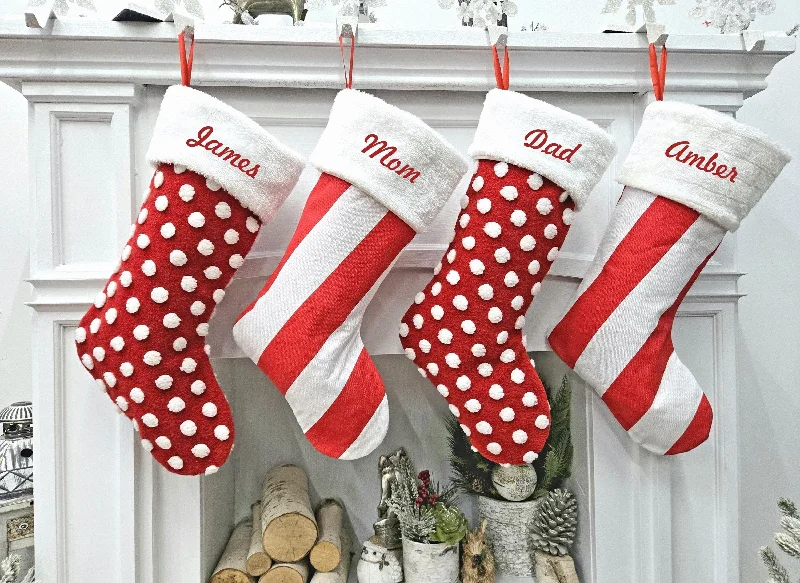 Christmas Holiday Countdown Candy Cane Themed Christmas Stockings Red White Polka Dots Striped Fun Festive Whimsical Holiday Decor Personalized Embroidered Name or Tag Christmas Holiday Countdown Candy Cane Themed Christmas Stockings Red White Polka Dots Striped Fun Festive Whimsical Holiday Decor Personalized Embroidered Name or Tag