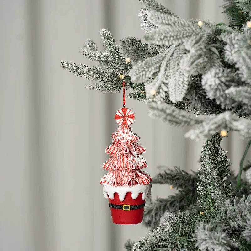 Christmas Lights Candy Red & White Cone Tree Ornament with Santa Pot