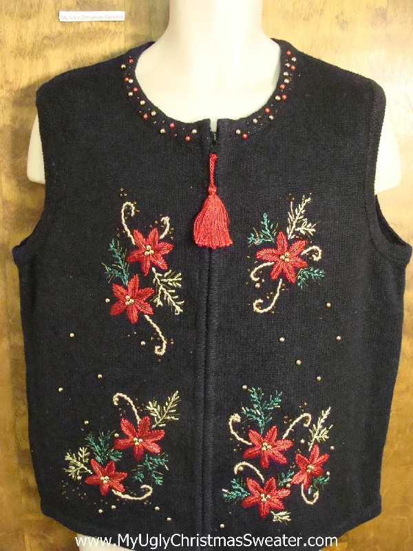 Christmas Sleigh Ride Cheap Black Poinsettia Themed Ugly Christmas Sweater Vest