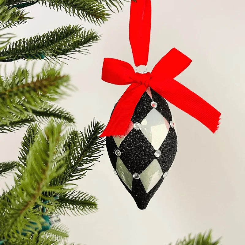 Christmas Morning Classic B&W Glass Finial Ornament with Red Ribbon