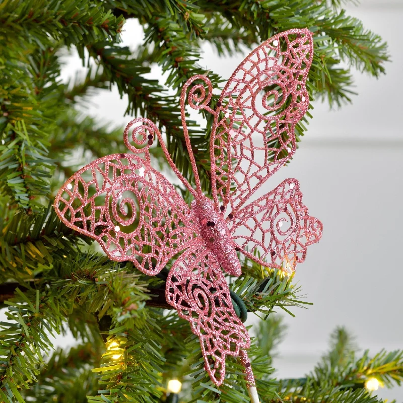 Christmas Red And Green Pink Butterfly Ornament on Pick