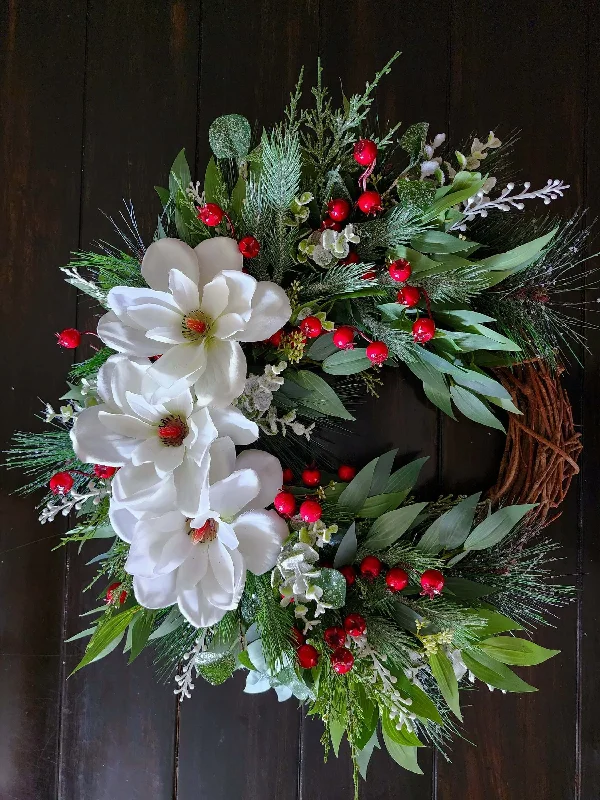 Christmas Pajamas Christmas rustic country farmhouse  wreath, holiday celebration wreath, magnolia decorative wreath, winter decor, home decor, unique gift