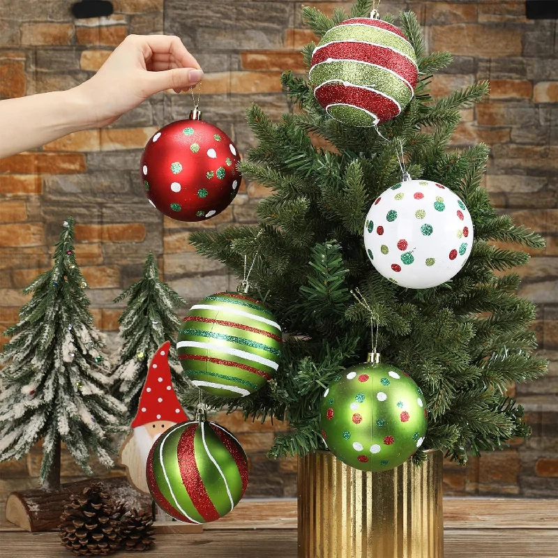 Holiday Fun Christmas Tree Ornaments - Glitter Red Green White Hanging Ball Large Plastic Elf Balls Swirl Candy Cane Peppermint Big Pendants Baubles for Holidays Xmas Tree Decoration
