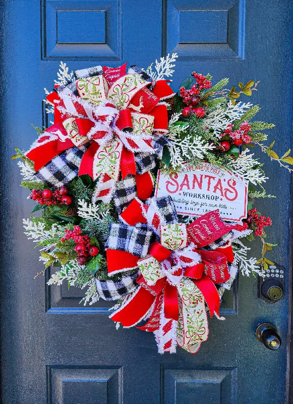 Christmas Pine Tree Christmas Wreath, Pine and Cedar With Frosted Greenery and Two Bows, Santa's Workshop Sign, Traditional Holiday Colors, Handmade Front Door Christmas Pine Tree Christmas Wreath, Pine and Cedar With Frosted Greenery and Two Bows, Santa's Workshop Sign, Traditional Holiday Colors, Handmade Front Door