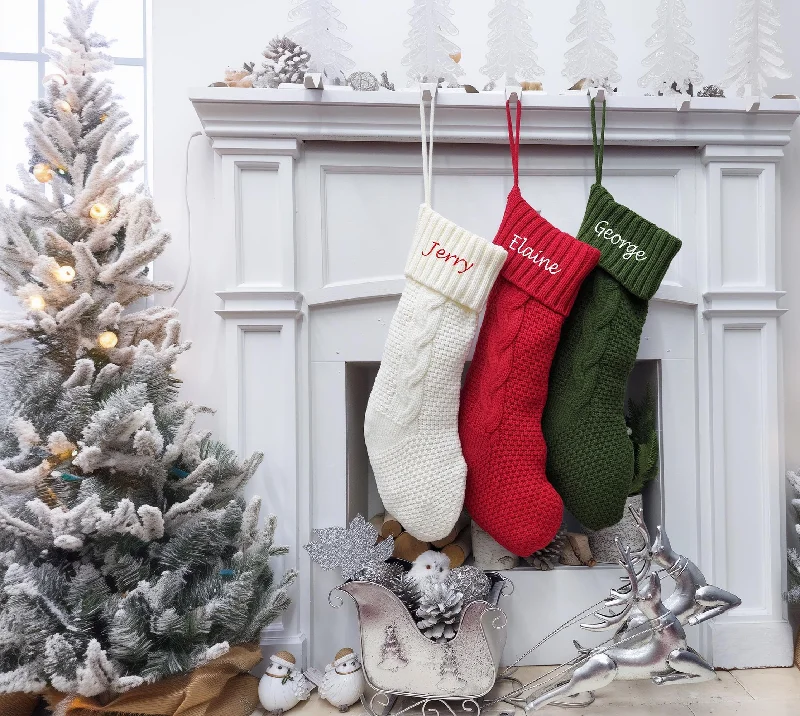 Christmas Caroling Chunky Cable Knit Christmas Stockings | Aran Isle Knit Red Green Ivory Premium Knitted Modern Double Sided Personalized Embroidery Name Christmas Caroling Chunky Cable Knit Christmas Stockings | Aran Isle Knit Red Green Ivory Premium Knitted Modern Double Sided Personalized Embroidery Name